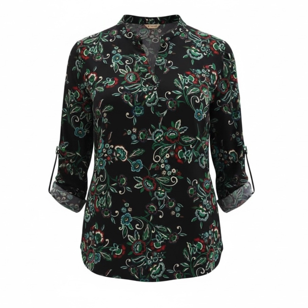 Floral Navy Red Green Blouse Tunic Size L  Bohemian Hi Lo
